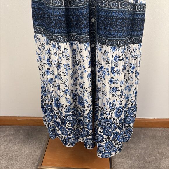 R. Vivimos Maxi Dress M Short Sleeve Blue White Floral Cottage Prairie Button - Picture 8 of 10